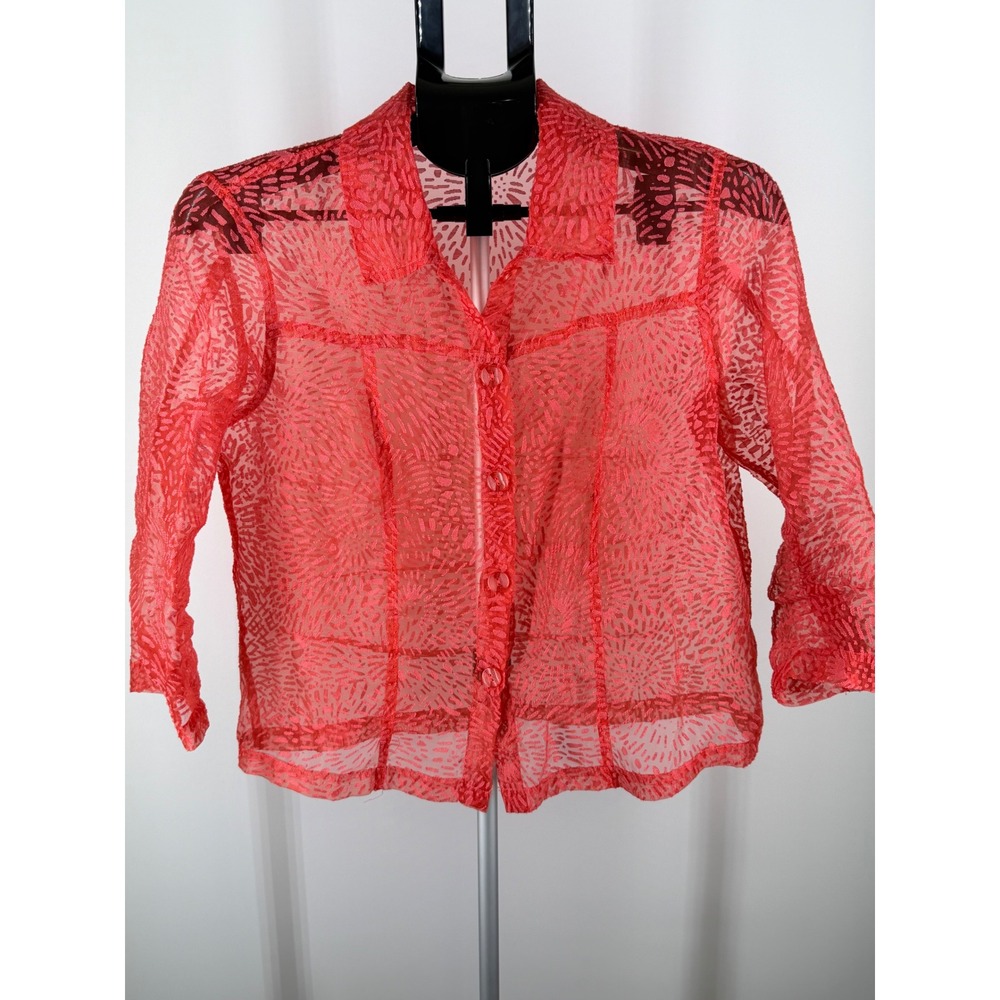 Erin Red Textured Sheer Burnout Button Up‎ Blouse 3/4 Sleeve PM